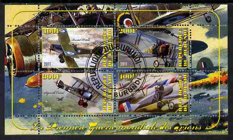 Burundi 2011 Aircraft of WW1 #2 perf sheetlet containing 4 values fine cto used, stamps on , stamps on  stamps on aviation, stamps on  stamps on  ww1 , stamps on  stamps on 