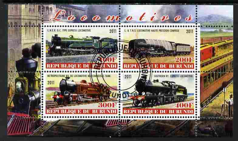 Burundi 2011 Steam Locomotives #2 perf sheetlet containing 4 values fine cto used, stamps on railways