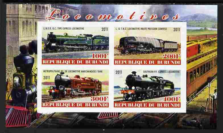 Burundi 2011 Steam Locomotives #2 imperf sheetlet containing 4 values unmounted mint, stamps on railways