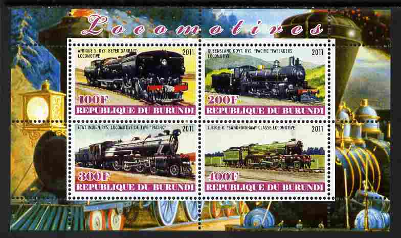 Burundi 2011 Steam Locomotives #4 perf sheetlet containing 4 values unmounted mint, stamps on , stamps on  stamps on railways