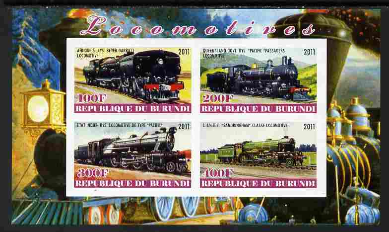 Burundi 2011 Steam Locomotives #4 imperf sheetlet containing 4 values unmounted mint, stamps on railways