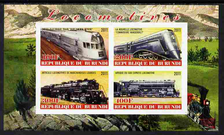 Burundi 2011 Steam Locomotives #5 imperf sheetlet containing 4 values unmounted mint, stamps on railways
