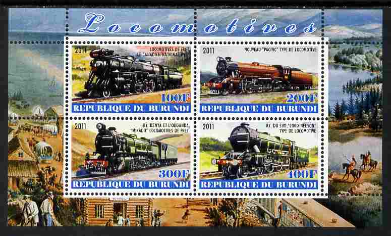 Burundi 2011 Steam Locomotives #7 perf sheetlet containing 4 values unmounted mint, stamps on railways
