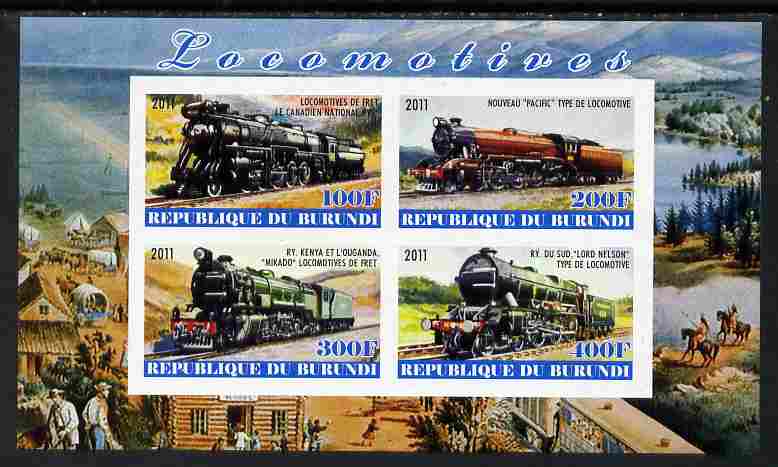 Burundi 2011 Steam Locomotives #7 imperf sheetlet containing 4 values unmounted mint, stamps on railways