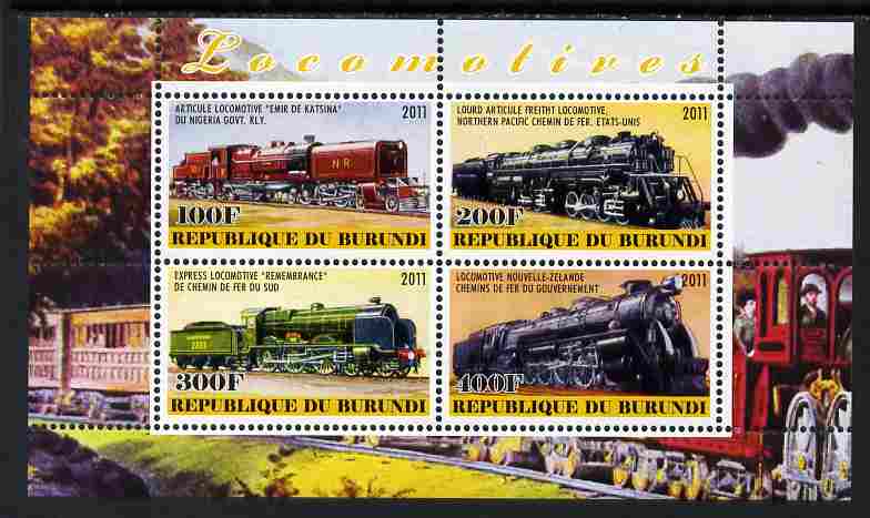 Burundi 2011 Steam Locomotives #8 perf sheetlet containing 4 values unmounted mint, stamps on railways