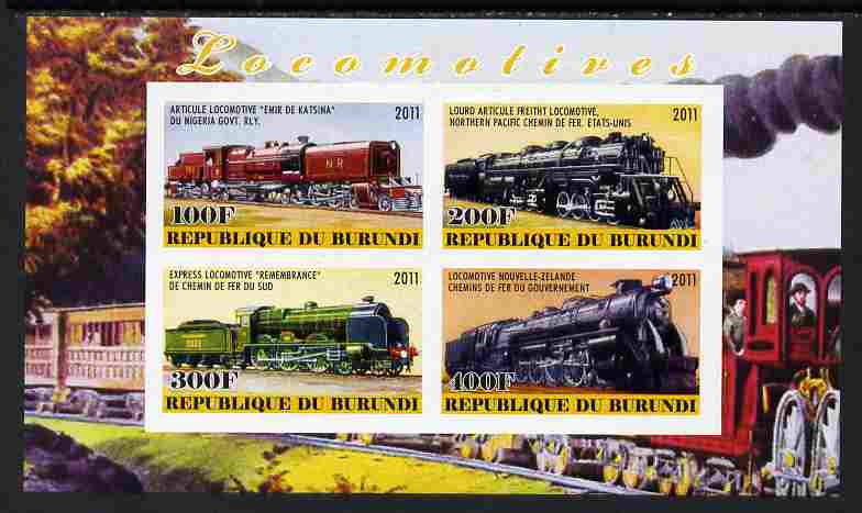 Burundi 2011 Steam Locomotives #8 imperf sheetlet containing 4 values unmounted mint, stamps on railways