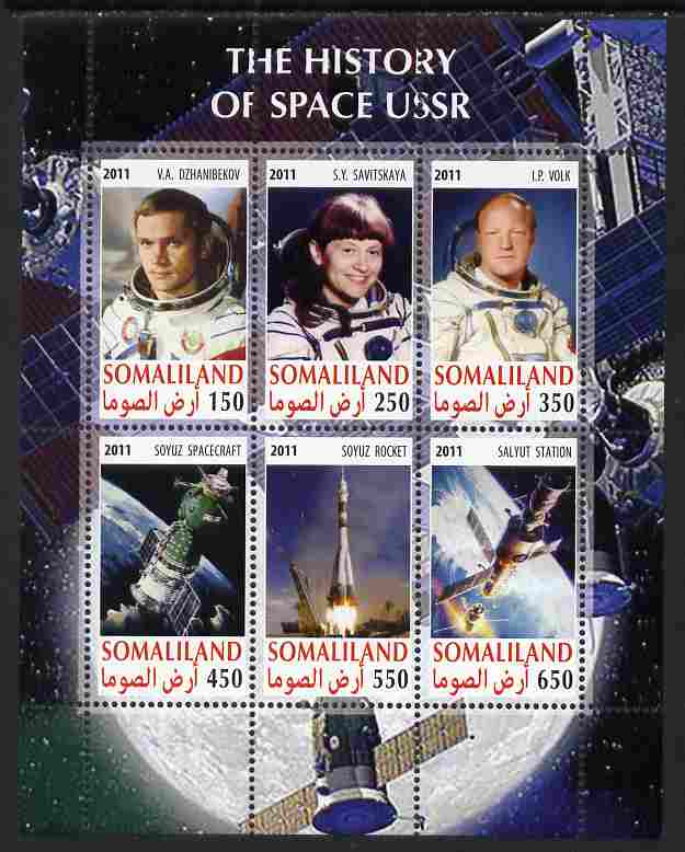 Somaliland 2011 History of Space - USSR #02 perf sheetlet containing 6 values unmounted mint, stamps on space, stamps on satellites