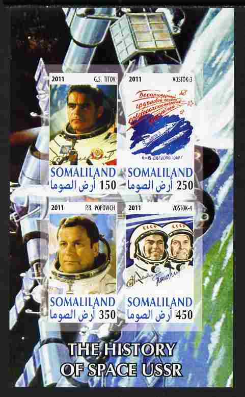 Somaliland 2011 History of Space - USSR #06 imperf sheetlet containing 4 values unmounted mint, stamps on space, stamps on 