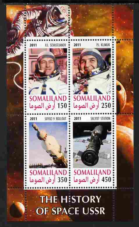 Somaliland 2011 History of Space - USSR #10 perf sheetlet containing 4 values unmounted mint, stamps on space, stamps on 