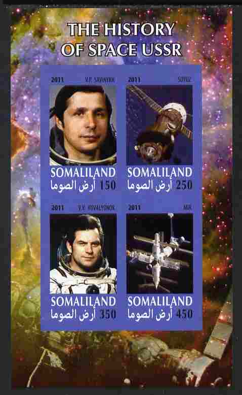 Somaliland 2011 History of Space - USSR #15 imperf sheetlet containing 4 values unmounted mint, stamps on space, stamps on 