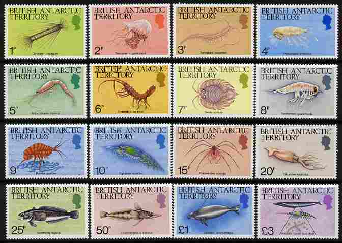 British Antarctic Territory 1984 Marine Life definitive set complete 16 values unmounted mint, SG 123-38, stamps on marine life, stamps on seals, stamps on fish, stamps on squid, stamps on 