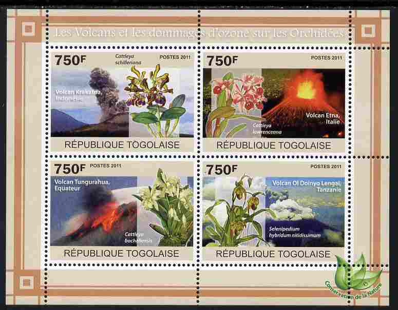 Togo 2011 Environment - Volanoes & Ozone Damage - Orchids perf sheetlet containing 4 values unmounted mint, stamps on environment, stamps on volcanoes, stamps on flowers, stamps on orchids, stamps on 