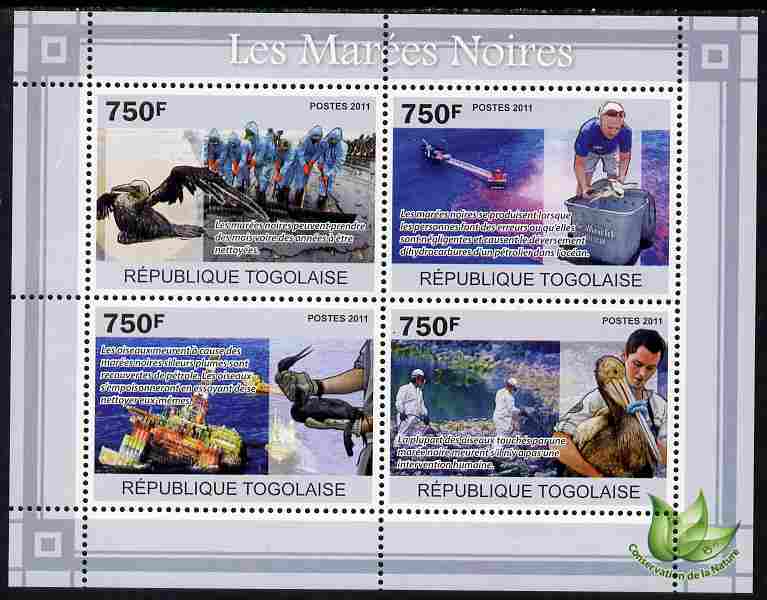 Togo 2011 Environment - Oil Spills - Animals & Birds perf sheetlet containing 4 values unmounted mint, stamps on environment, stamps on disasters, stamps on  oil , stamps on animals, stamps on birds, stamps on 