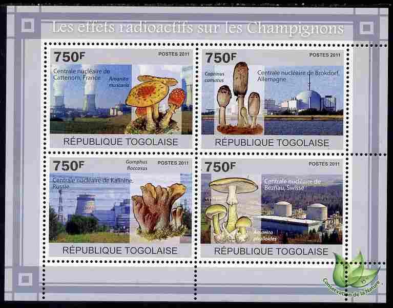 Togo 2011 Environment - Radioactivity - Mushrooms perf sheetlet containing 4 values unmounted mint, stamps on environment, stamps on disasters, stamps on atomics, stamps on fungi, stamps on 