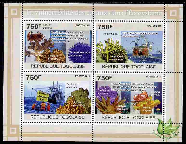 Togo 2011 Environment - Vulnerable Corals - Ships perf sheetlet containing 4 values unmounted mint, stamps on environment, stamps on marine life, stamps on coral, stamps on ships, stamps on 