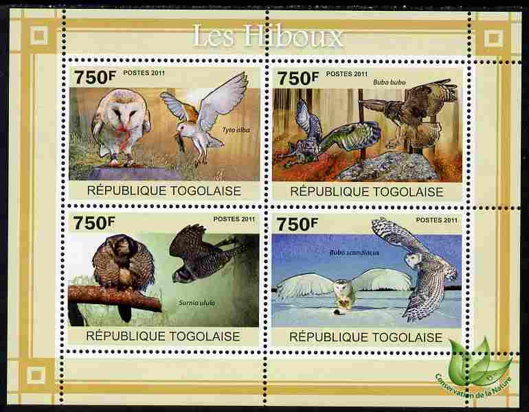Togo 2011 Owls perf sheetlet containing 4 values unmounted mint, stamps on birds, stamps on birds of prey, stamps on owls