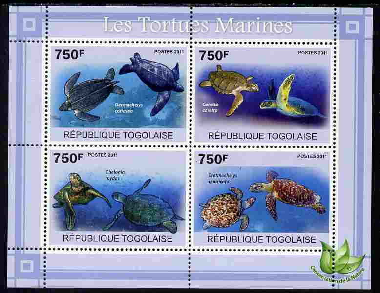 Togo 2011 Marine Turtles perf sheetlet containing 4 values unmounted mint, stamps on , stamps on  stamps on marine life, stamps on  stamps on turtles