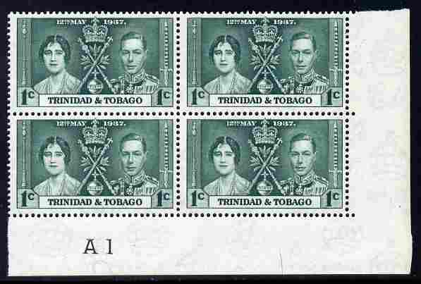 Trinidad & Tobago 1937 KG6 Coronatio 1c corner plate block of 4 (plate A1) unmounted mint (plate numbers are surprisingly scarce on the Coronation issues), stamps on royalty, stamps on  kg6 , stamps on coronation