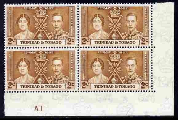 Trinidad & Tobago 1937 KG6 Coronatio 2c corner plate block of 4 (plate A1) unmounted mint (plate numbers are surprisingly scarce on the Coronation issues), stamps on royalty, stamps on  kg6 , stamps on coronation