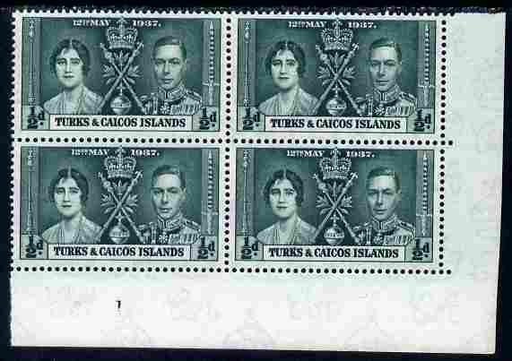 Turks & Caicos Islands 1937 KG6 Coronation 1/2d corner plate block of 4 (plate 1) unmounted mint (Coronation plate blocks are rare) SG 191, stamps on royalty, stamps on  kg6 , stamps on coronation