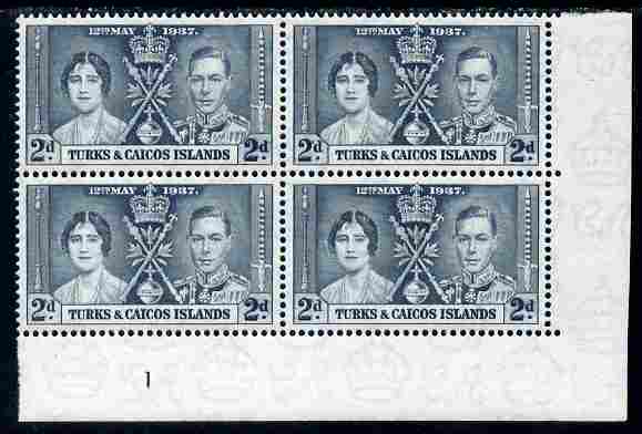 Turks & Caicos Islands 1937 KG6 Coronation 2d corner plate block of 4 (plate 1) unmounted mint (Coronation plate blocks are rare) SG 192, stamps on royalty, stamps on  kg6 , stamps on coronation