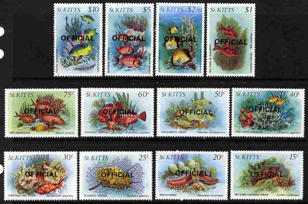 St Kitts 1984 Marine Life perf set of 12 opt'd OFFICIAL unmounted mint, SG O29-40, stamps on fish, stamps on marine life