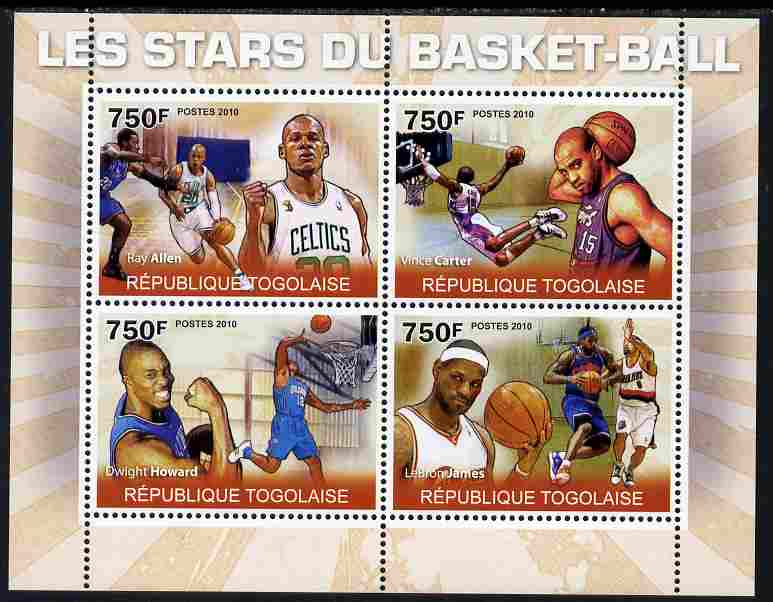 Togo 2010 Basketball Stars perf sheetlet containing 4 values unmounted mint Yvert 2260-63, stamps on sport, stamps on basketball