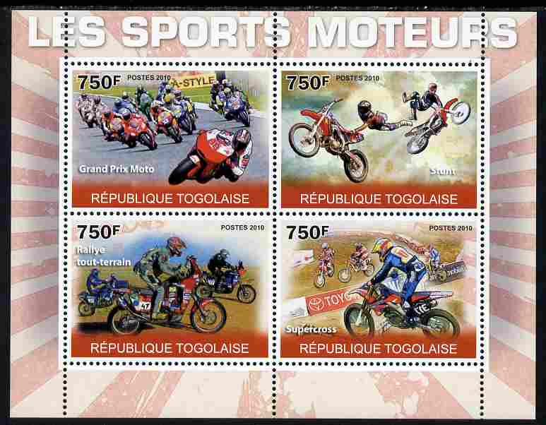 Togo 2010 Motorsport perf sheetlet containing 4 values unmounted mint Yvert 2264-67, stamps on sport, stamps on motorbikes