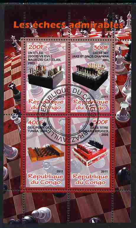 Congo 2011 Chess #2 perf sheetlet containing 4 values cto used, stamps on chess
