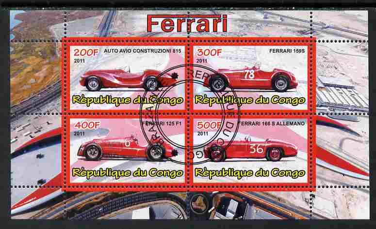 Congo 2011 Ferrari cars #1 perf sheetlet containing 4 values cto used, stamps on cars, stamps on ferrari, stamps on  f1 , stamps on formula 1, stamps on racing cars, stamps on 