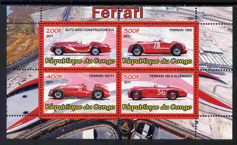 Congo 2011 Ferrari cars #1 perf sheetlet containing 4 values unmounted mint, stamps on cars, stamps on ferrari, stamps on  f1 , stamps on formula 1, stamps on racing cars, stamps on 
