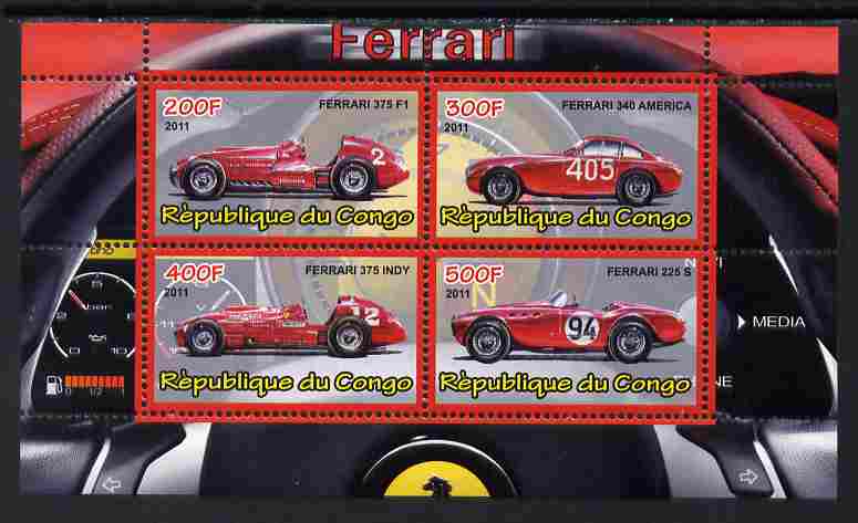 Congo 2011 Ferrari cars #2 perf sheetlet containing 4 values unmounted mint, stamps on cars, stamps on ferrari, stamps on  f1 , stamps on formula 1, stamps on racing cars, stamps on 