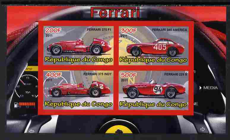 Congo 2011 Ferrari cars #2 imperf sheetlet containing 4 values unmounted mint, stamps on cars, stamps on ferrari, stamps on  f1 , stamps on formula 1, stamps on racing cars, stamps on 