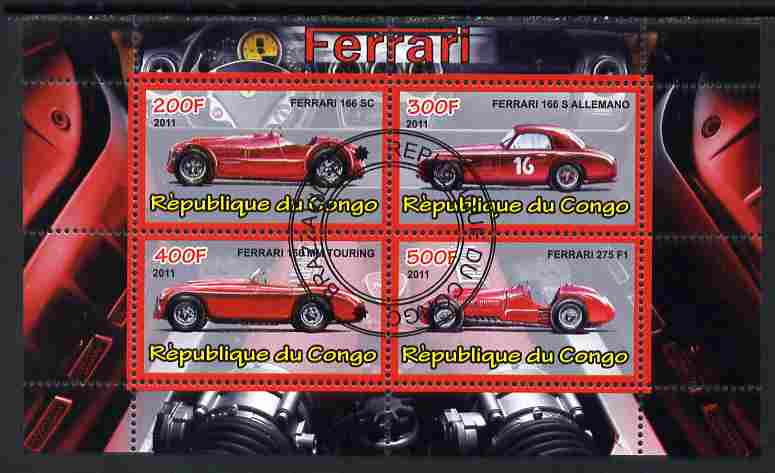 Congo 2011 Ferrari cars #3 perf sheetlet containing 4 values cto used, stamps on cars, stamps on ferrari, stamps on  f1 , stamps on formula 1, stamps on racing cars, stamps on 