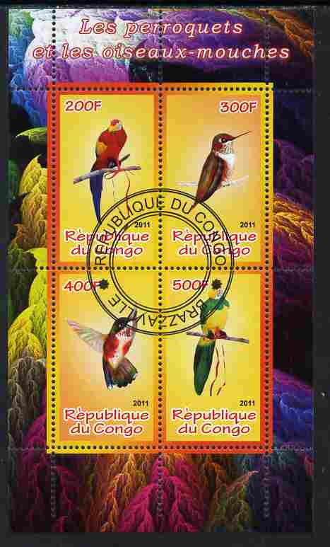 Congo 2011 Birds - Hummingbirds & Parrots perf sheetlet containing 4 values cto used, stamps on birds, stamps on hummingbirds, stamps on parrots