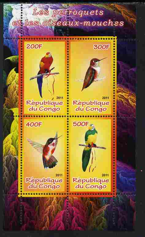 Congo 2011 Birds - Hummingbirds & Parrots perf sheetlet containing 4 values unmounted mint, stamps on birds, stamps on hummingbirds, stamps on parrots