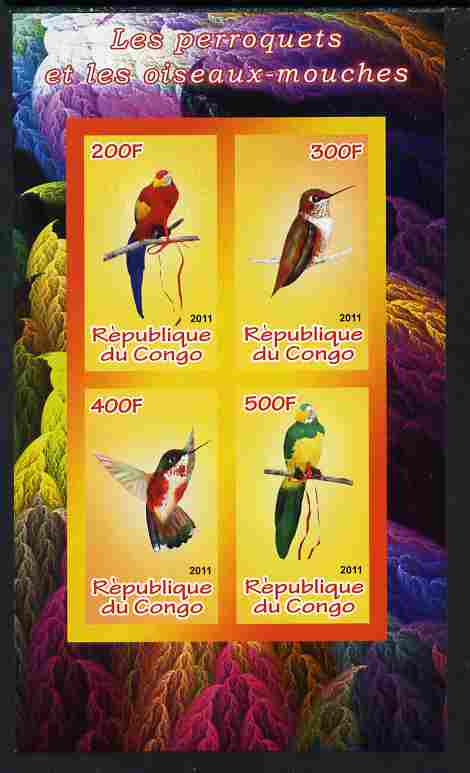 Congo 2011 Birds - Hummingbirds & Parrots imperf sheetlet containing 4 values unmounted mint, stamps on birds, stamps on hummingbirds, stamps on parrots