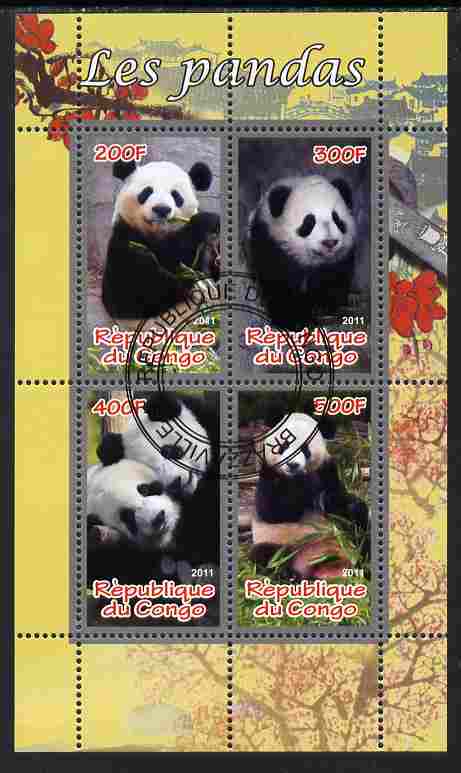 Congo 2011 Pandas perf sheetlet containing 4 values cto used, stamps on animals, stamps on bears, stamps on pandas