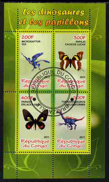 Congo 2011 Butterflies & Dinosaurs #1 perf sheetlet containing 4 values cto used, stamps on butterflies, stamps on dinosaurs