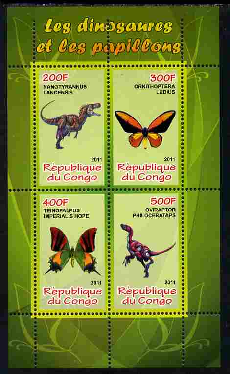 Congo 2011 Butterflies & Dinosaurs #3 perf sheetlet containing 4 values unmounted mint, stamps on butterflies, stamps on dinosaurs