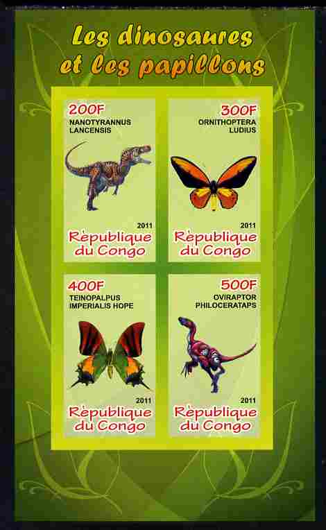 Congo 2011 Butterflies & Dinosaurs #3 imperf sheetlet containing 4 values unmounted mint, stamps on butterflies, stamps on dinosaurs