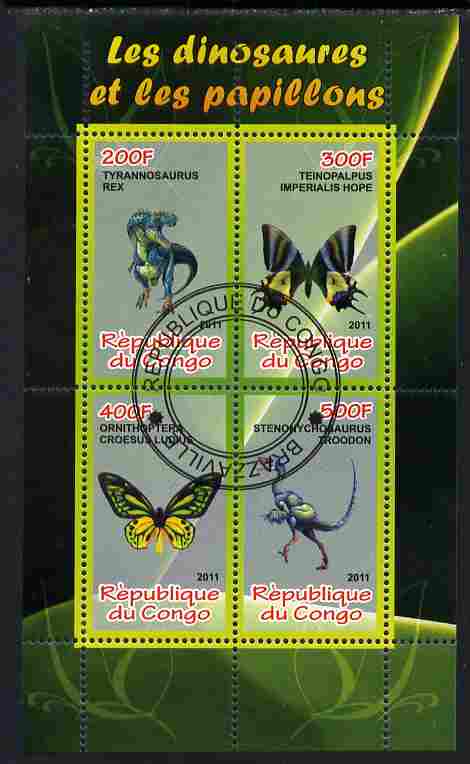 Congo 2011 Butterflies & Dinosaurs #4 perf sheetlet containing 4 values cto used, stamps on butterflies, stamps on dinosaurs