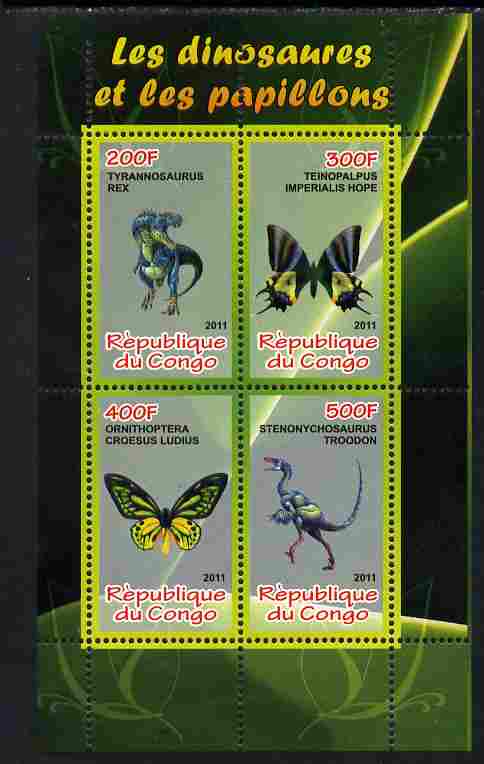 Congo 2011 Butterflies & Dinosaurs #4 perf sheetlet containing 4 values unmounted mint, stamps on butterflies, stamps on dinosaurs