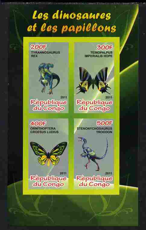 Congo 2011 Butterflies & Dinosaurs #4 imperf sheetlet containing 4 values unmounted mint, stamps on butterflies, stamps on dinosaurs
