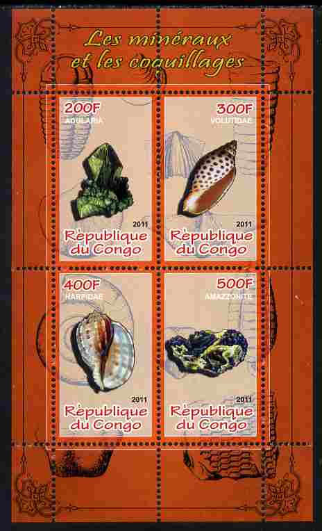 Congo 2011 Minerals & Sea Shells #1 perf sheetlet containing 4 values unmounted mint, stamps on minerals, stamps on marine life, stamps on shells