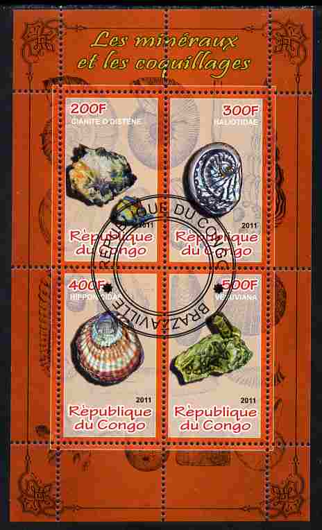 Congo 2011 Minerals & Sea Shells #2 perf sheetlet containing 4 values cto used, stamps on minerals, stamps on marine life, stamps on shells
