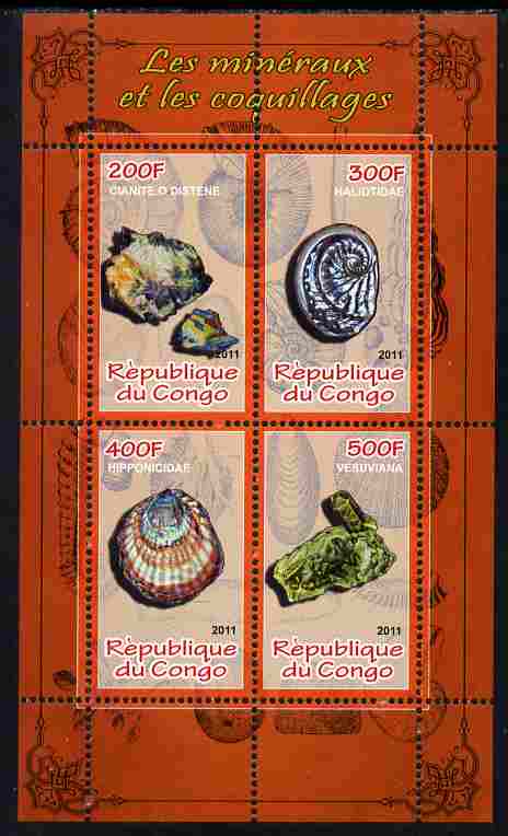 Congo 2011 Minerals & Sea Shells #2 perf sheetlet containing 4 values unmounted mint, stamps on minerals, stamps on marine life, stamps on shells