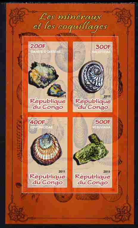Congo 2011 Minerals & Sea Shells #2 imperf sheetlet containing 4 values unmounted mint, stamps on minerals, stamps on marine life, stamps on shells
