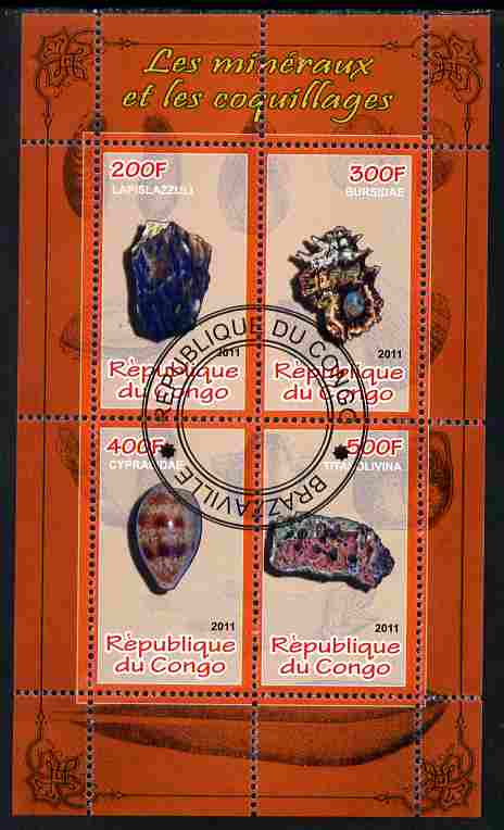 Congo 2011 Minerals & Sea Shells #3 perf sheetlet containing 4 values cto used, stamps on minerals, stamps on marine life, stamps on shells