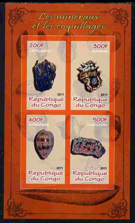 Congo 2011 Minerals & Sea Shells #3 imperf sheetlet containing 4 values unmounted mint, stamps on minerals, stamps on marine life, stamps on shells